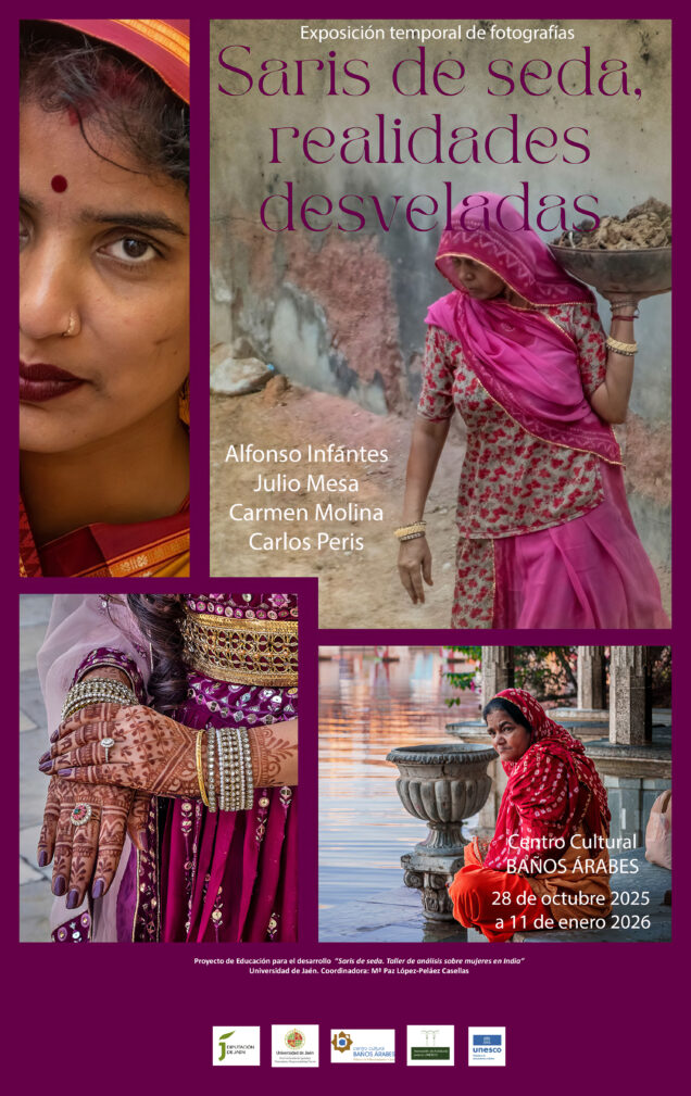 Cartel del espectáculo Saris de Seda en los Baños Árabes de Jaén, con ilustración de temática oriental y fecha del evento.